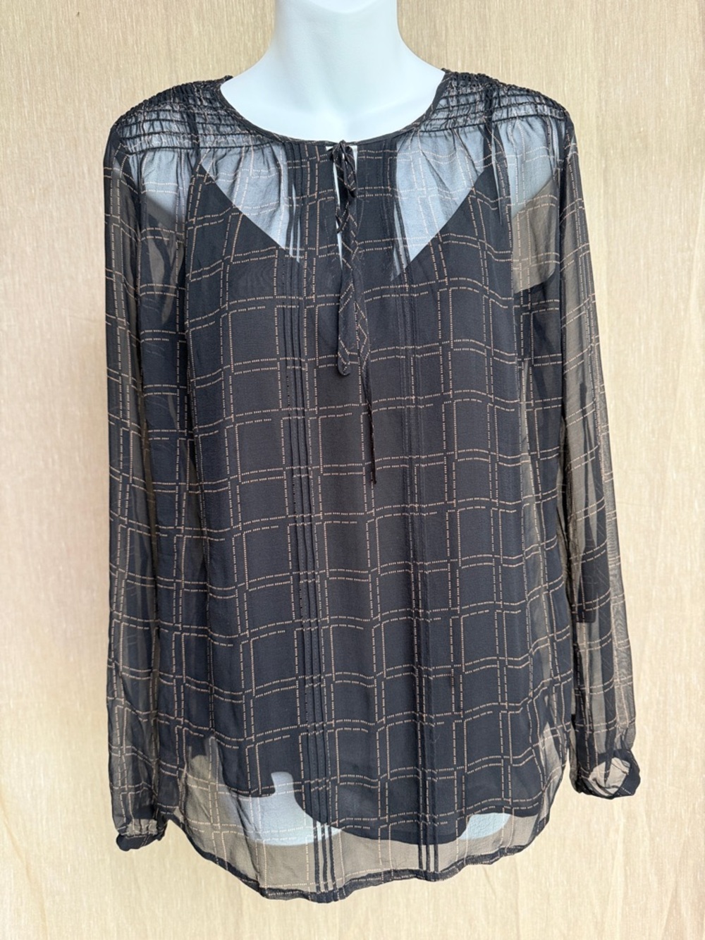 Sheer Black Windowpane Tie-Neck Blouse